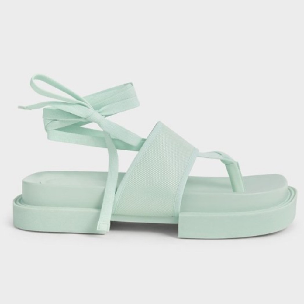Charles & Keith Mint Green Platform Thong Sandals with Ankle Ties - Picture 5 of 11